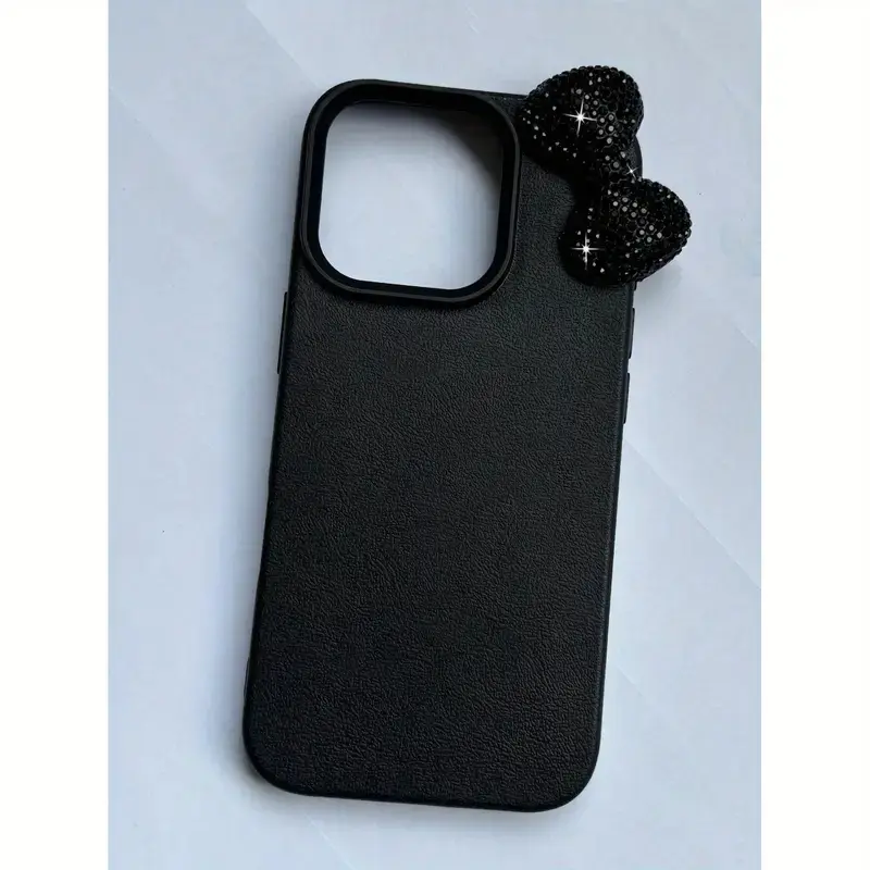 Phone Case: 1 Girl's Black Rhinestone Bow Trendy Brand Pattern Lychee Texture Phone Case, Suitable for iPhone 16 15 14 13 12 11 Pro Max X XS XR 8 7 Plus Protector Cover