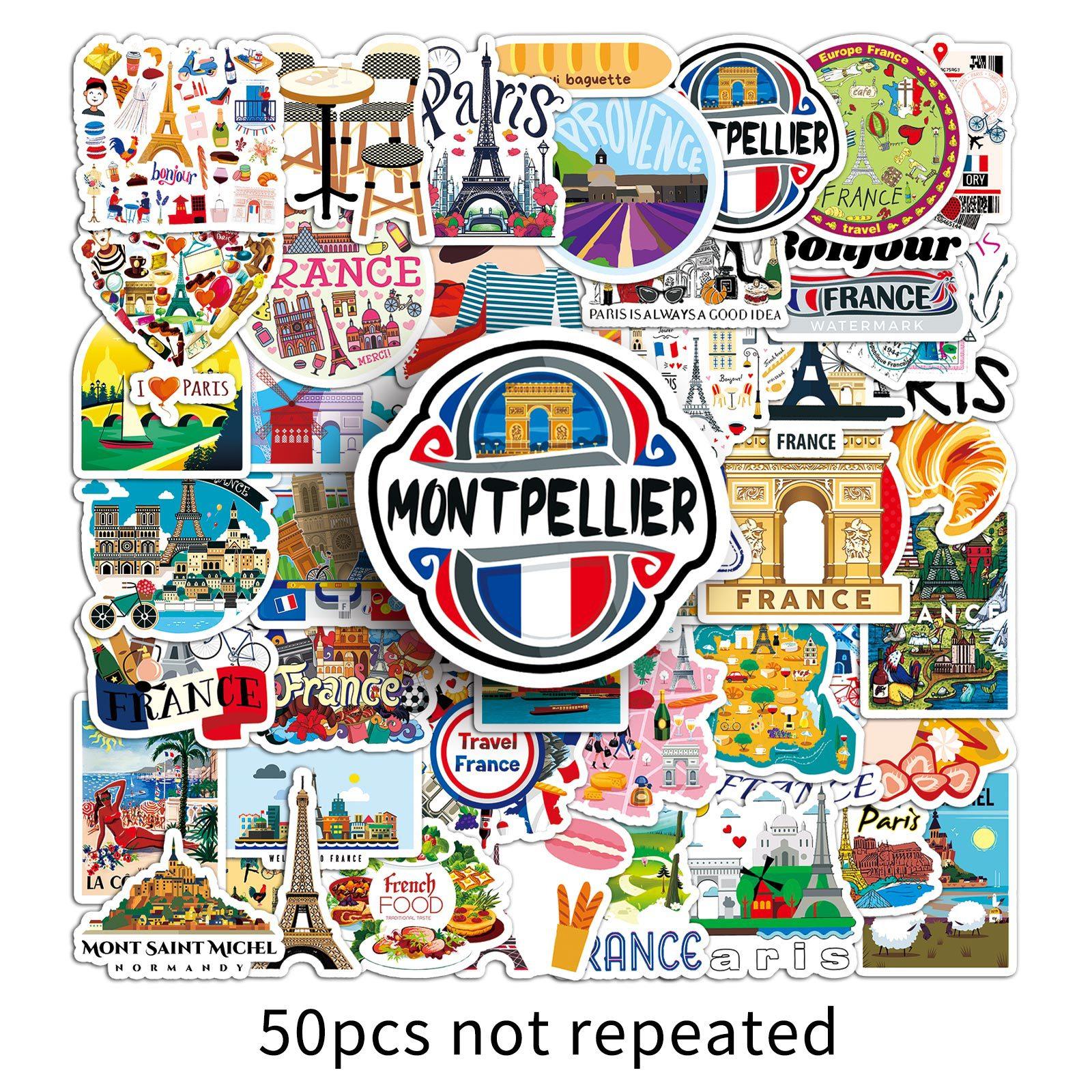 50pcs France Travel Stickers, Paris Landmark Waterproof Vinyl Decals, French City Travel Stickers for Laptop, Water Bottle, Luggage, Europe Travel Gift Pack