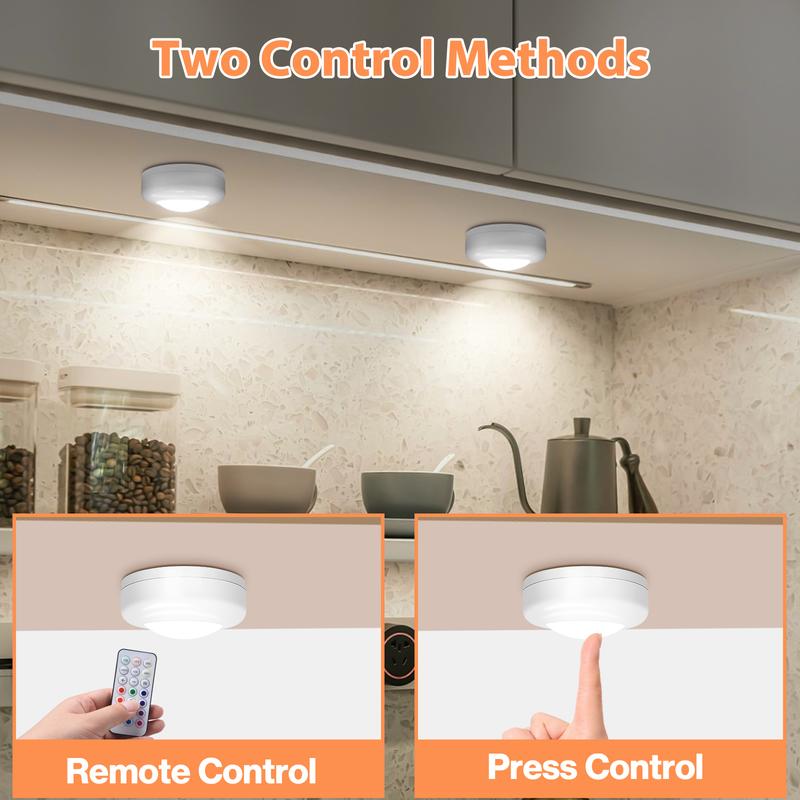 6-Pack RGB Puck Lights AA Battery-Powered (Not Included), Tap or Remote Control