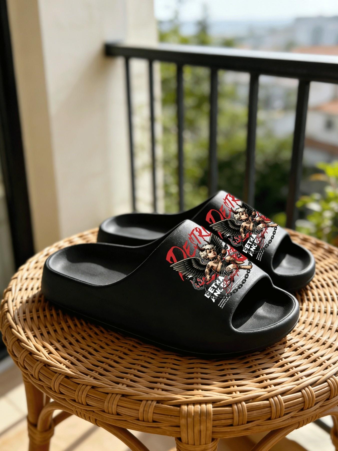 Dark Chain Devil Cupid Print Fashion Slippers, Heavy Metal Cool Style, Thick Sole Soft Bottom, Couples Home Outdoor Use