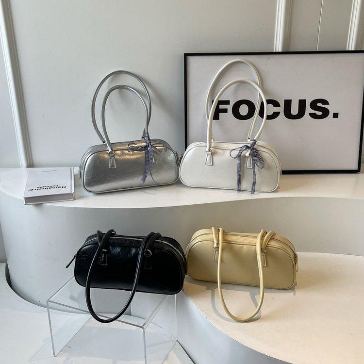 Vintage Waxed Leather Bowknot Baguette Bag, Luxury Commute Underarm Shoulder Bag, Versatile Texture Handbag, Korean Style Ins Fashion Bag for Women