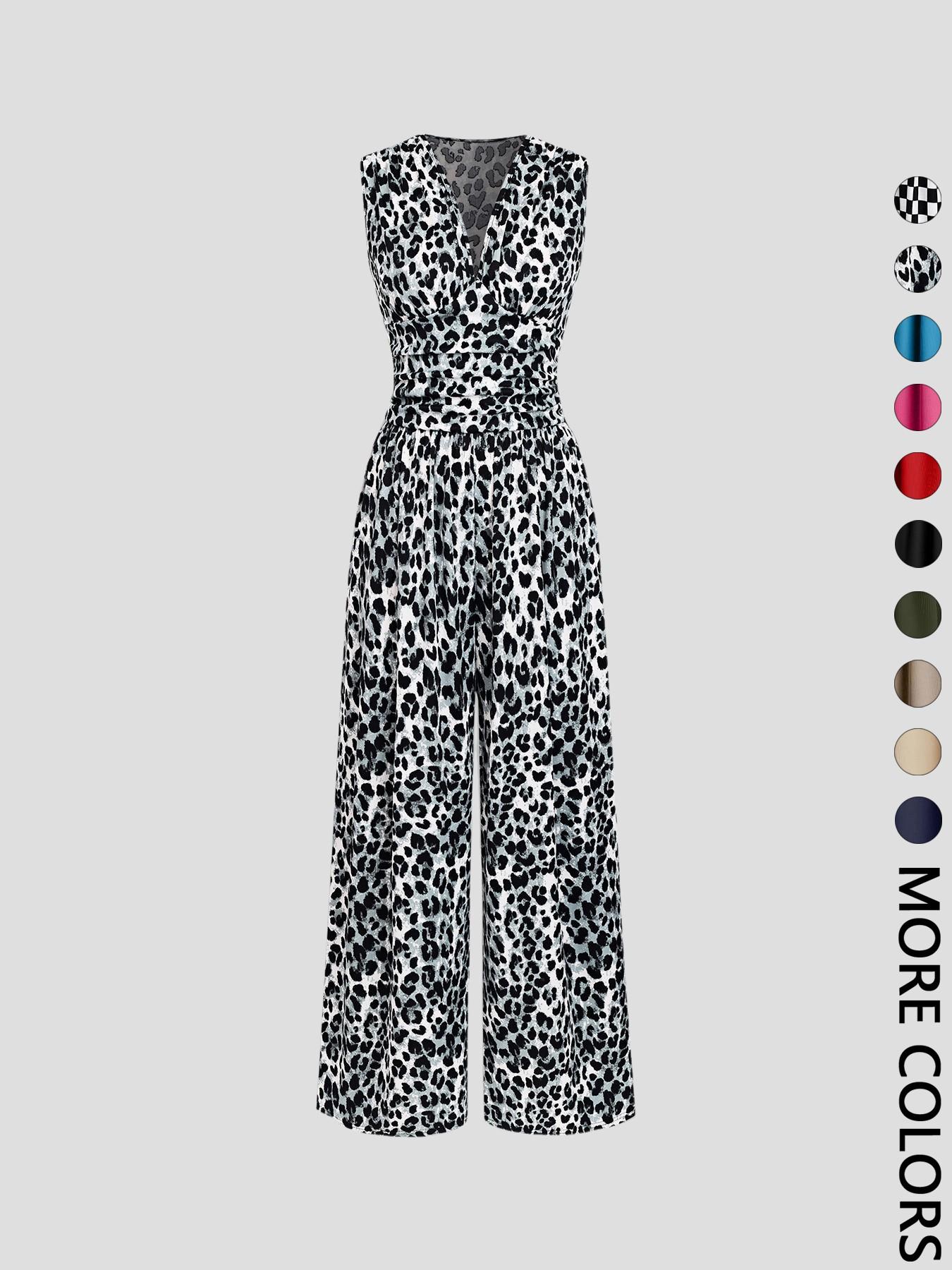 Women's Plain Ruched Deep V Neck Jumpsuit, Elegant Sleeveless Wide Leg Jumpsuit for Summer, Ladies Clothes for Beach Holiday Vacation Style