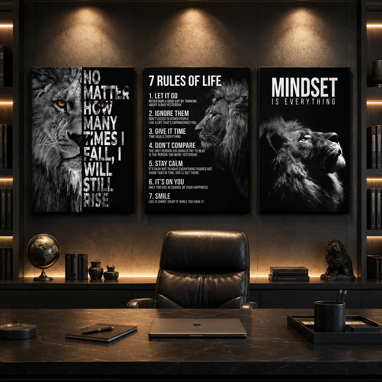 Lion Pattern Gallery Wrapped Canvas, 3 Pieces Set Inspirational Wall Art, Canvas Wall Decor for Home Living Room Bedroom Office, Inspirational Lion Poster Set, Animal Wall Art for Man Cave Gym Dorm, Gift for Men, Motivational Canvas Print