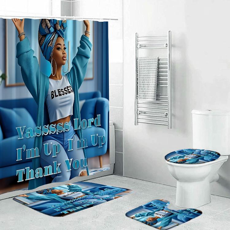 4PC Beautiful Girl Summer Unique Elegant Polyester Cloth With 12 Hooks Shower Curtain For Bathrooms Waterproof Quick Drying Machine Washable Home Bathroom Decor Shower Curtain Sets for Bathroom