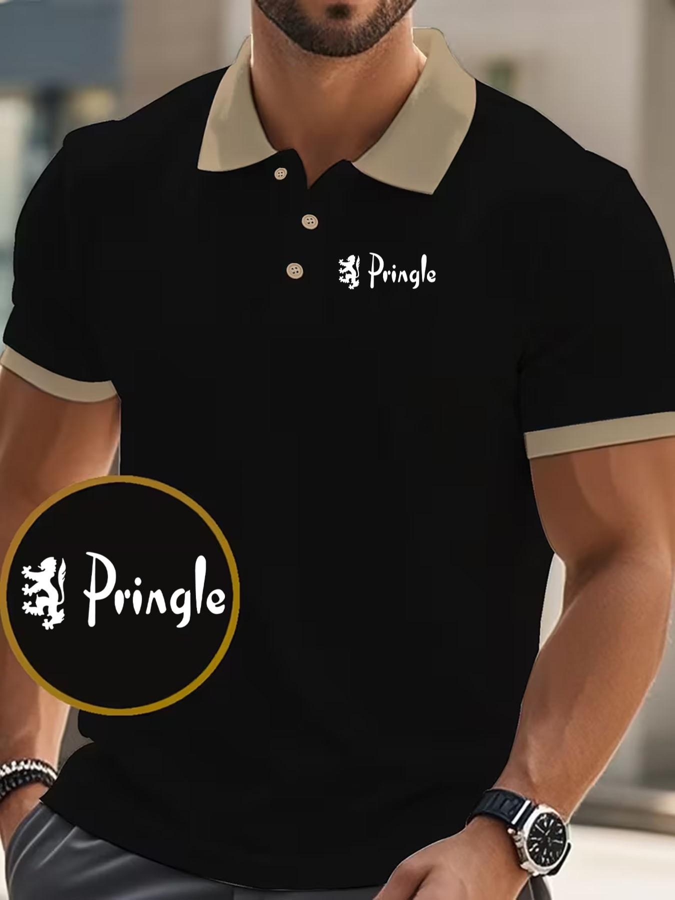Men's Pringle Scottish Lion Emblem Polo Shirt, Breathable Cotton Slim Fit, Casual Business Style, Ideal for Golf, Commute, Office