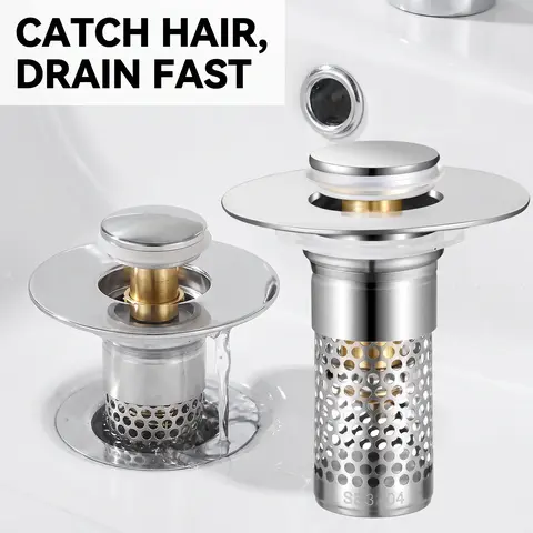Bathroom Sink Drain Strainer 2 Pack, Bathroom Necessities, Bathroom Gadgets, Bathroom Sink Stopper with Pop-Up Drain, Removable Hair Catcher, Anti Clogging Drainage, Stainless Steel Filter Basket, Fits Standard US Bathroom Sinks, Bathroom Accessories