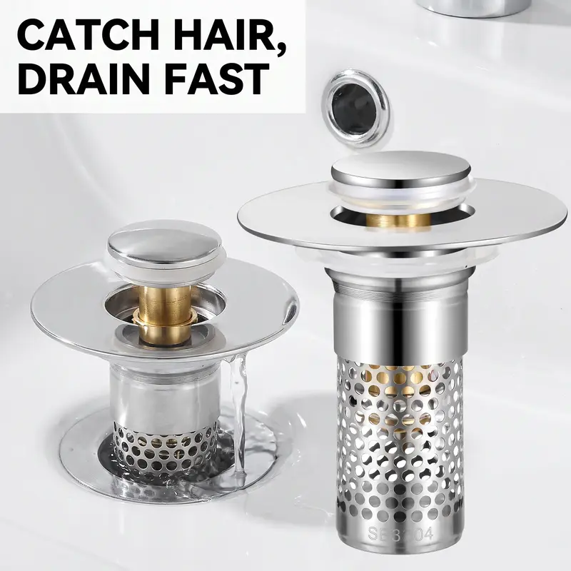 Bathroom Sink Drain Strainer 2 Pack, Bathroom Necessities, Bathroom Gadgets, Bathroom Sink Stopper with Pop-Up Drain, Removable Hair Catcher, Anti Clogging Drainage, Stainless Steel Filter Basket, Fits Standard US Bathroom Sinks, Bathroom Accessories
