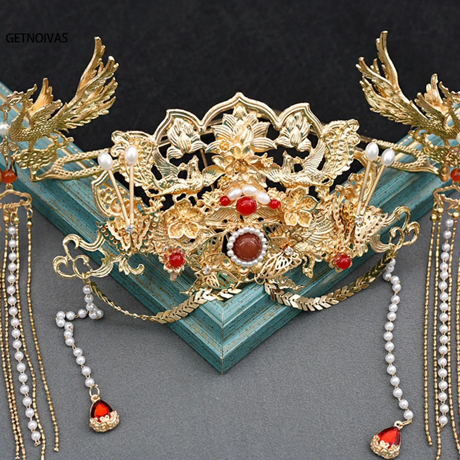 Women's Vintage Retro Hanfu Hair Accessories Set - Alloy Crystal Crown-Shape Hair Crown, Pearl Accents Hairpin, Long Tassels Earrings, Traditional Chinese Ancient Costume Jewelry