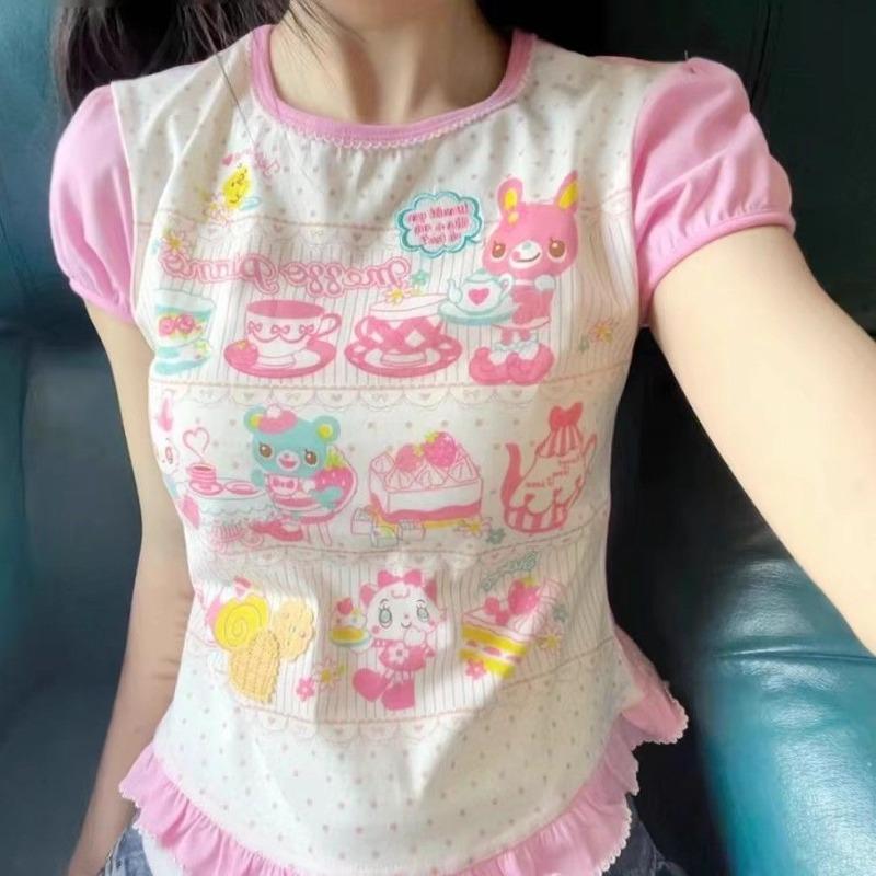 Summer Woman T Shirts Japanese Pink Tees O-neck Short Sleeve Camisetas Anime Print Cute Tshirts  Tops Cartoon Sweet T-shirt