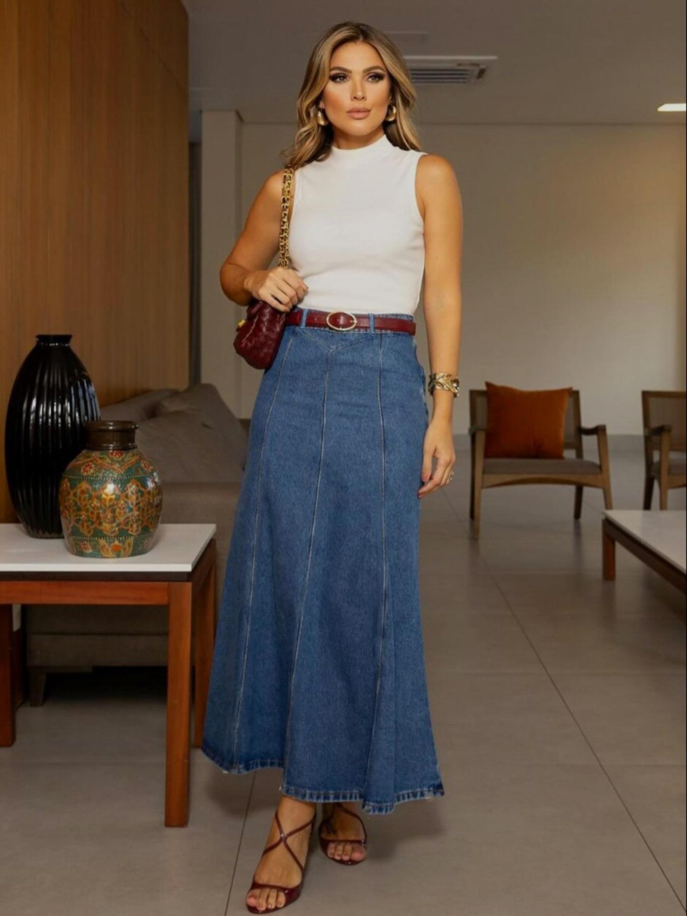 Elastic Washed Casual Denim Midi Skirt for Women, All-Season Wearable A-Line Flared Design, Perfect for Daily & Dates, Bottom