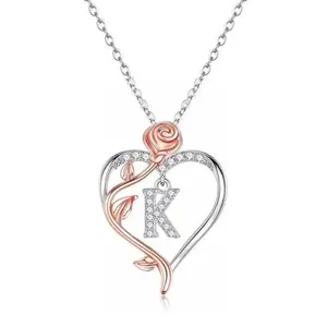 925 Sterling Silver Rose Heart Initial Necklace, Personalized Pendant Jewelry for Women Gift