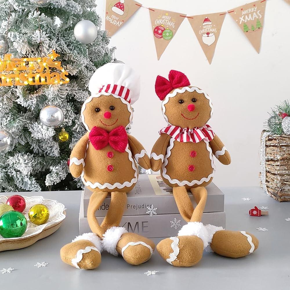 15-Inch Large Christmas Plush Gingerbread Man Doll, Boy Girl Version, Chef Hat and Bow, Decorative Ornament, Home Soft Toy, Holiday Decoration