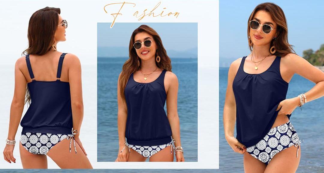 Holipick Two Piece Blouson Tankini Swimsuits for Women Tummy Control Bathing Suits Modest Tankini Top with Bikini Bottom
