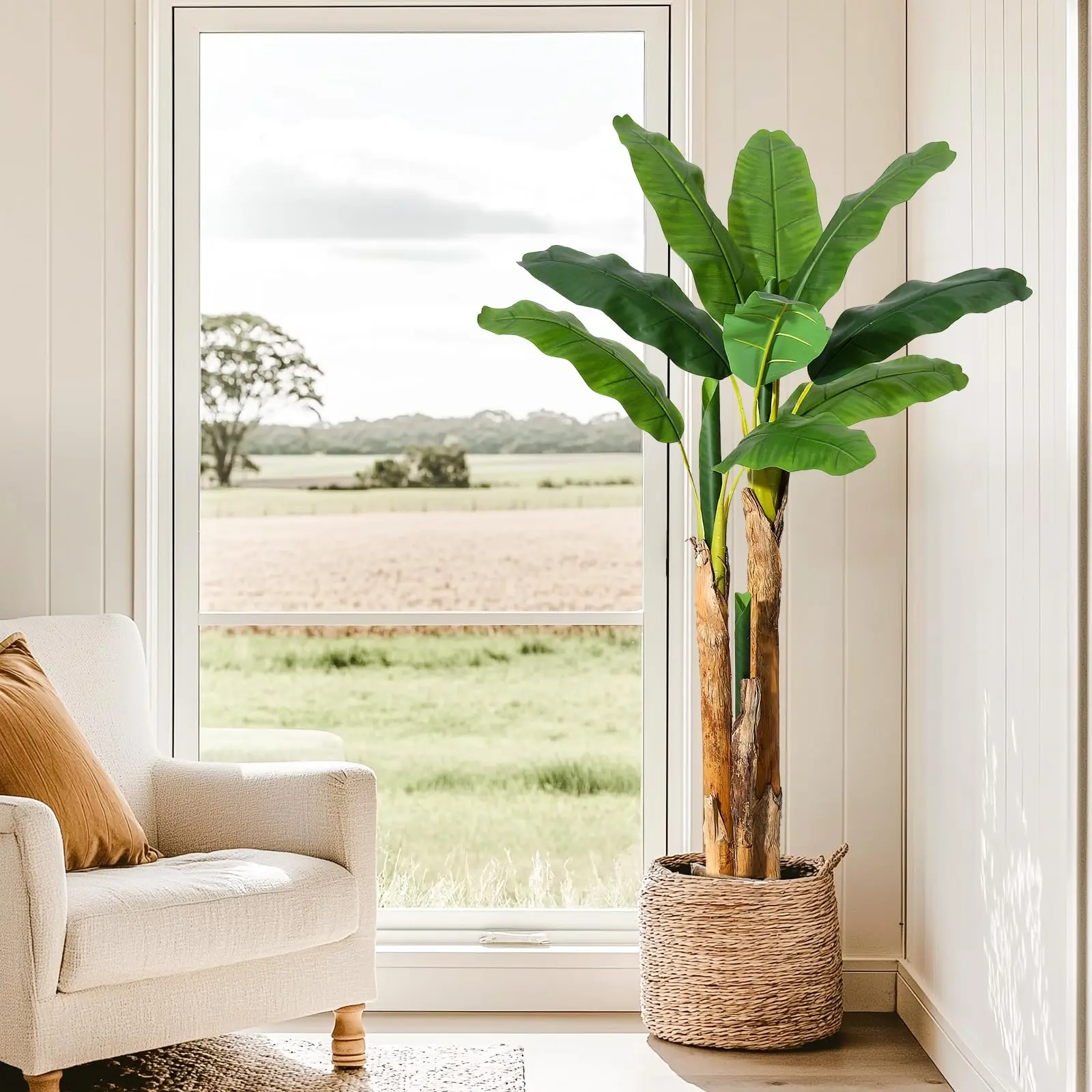 7 Foot Tall Realistic Silk Artificial Banana Tree, 24 Lifelike Banana Leaves With Grey Planter, Japandi‑Style Faux Greenery for Indoor, Office, Living Room and Patio Decoration