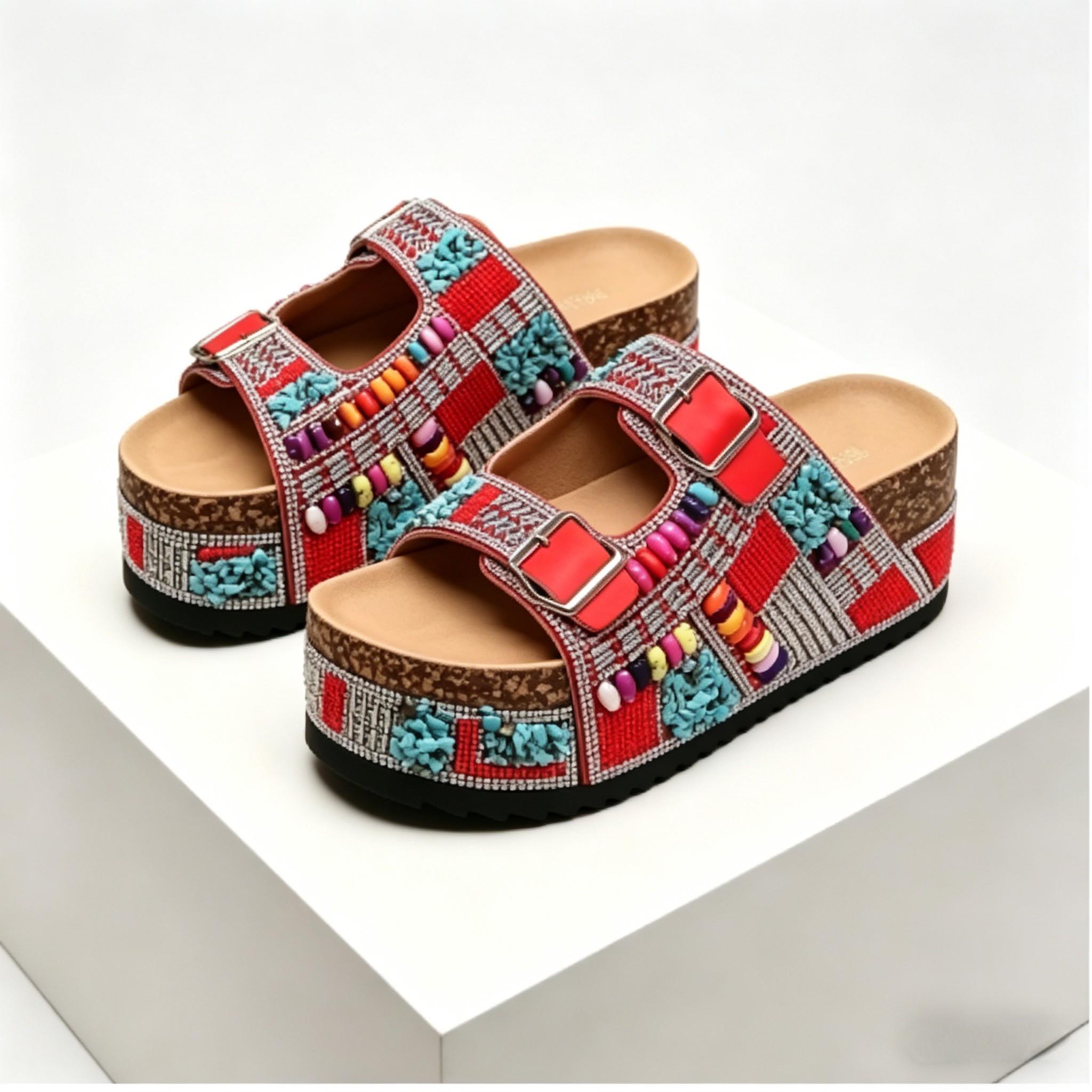 Viral Red Boho Multicolor Beaded Rhinestone Slides, Womens Sparkly Platform Sandals with Adjustable Buckles, Summer Beach & Street Style Footwear