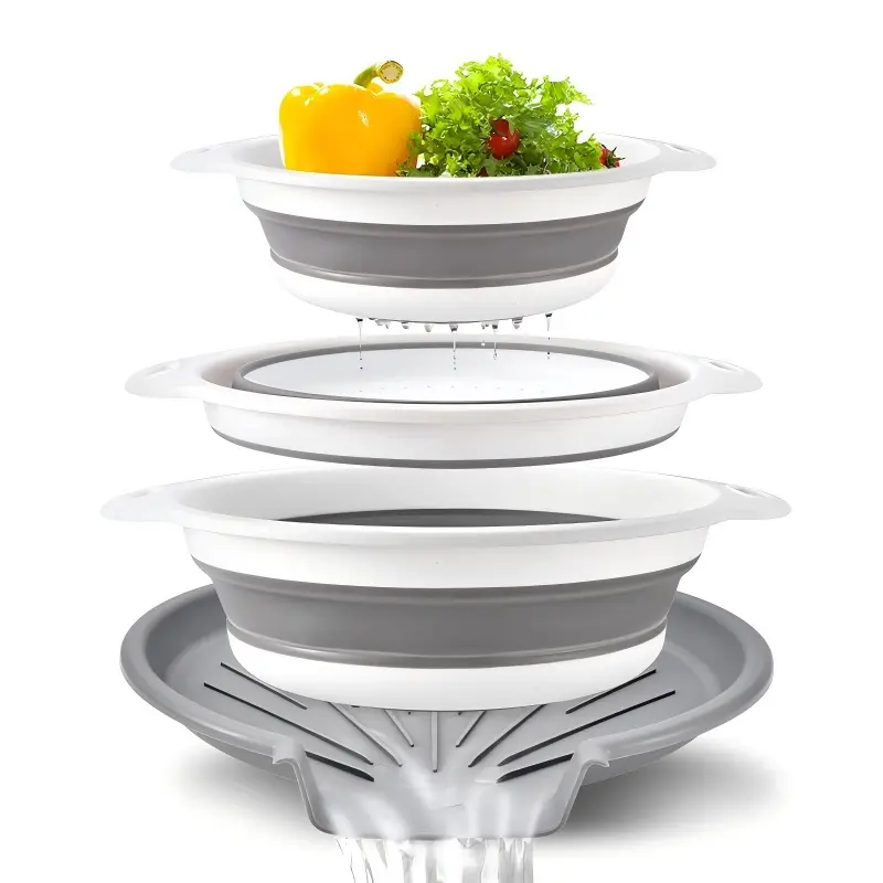 4 Pack Collapsible Strainer Set, Food Grade Silicone Food Filter with Sink Drain Base, Space Saving Kitchen Colander Drain Tray for Fruits, Vegetables, Pasta and Rice, Collapsible Strainers for Kitchen