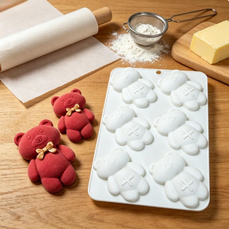 1pc bear-shaped silicone cake mold, 6-hole cute classic healing design, non-stick, easy to demold, suitable for home baking of commemorative chocolate, cakes, cute dessert creative tool