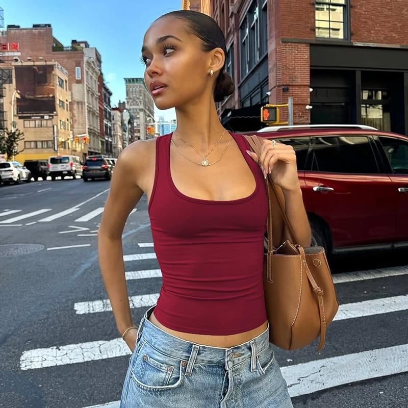 Women‘s Basic Solid U Neck Tank Top, Sleeveless Backless Plain Slim Fit Crop Top for Party Club Date Holiday Daily Casual Outdoor Clothes Wear, Casual Fitted Sleeveless