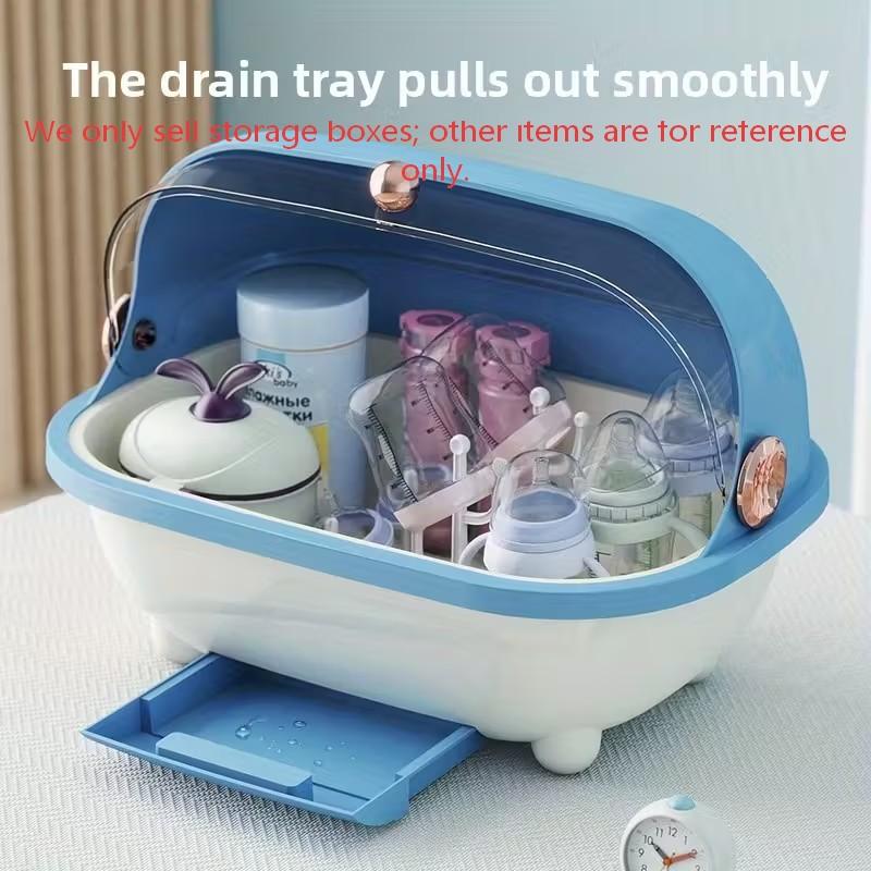 Baby Bottle Storage Box with Lid Drain Rack Countertop Organizer Removable Drying Tray Newborn Nursery