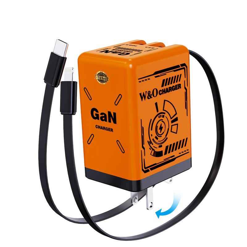W&O Portable GaN Fast Charger,Compatible with 120W GaN Fast Charging  W/ Retractable 2 Cable (USB-C & Lightning) - Fast Charging for iPhone 15, Samsung, Gaming, Travel & Office - Universal Compact Travel Charger-Father's Day Gifts