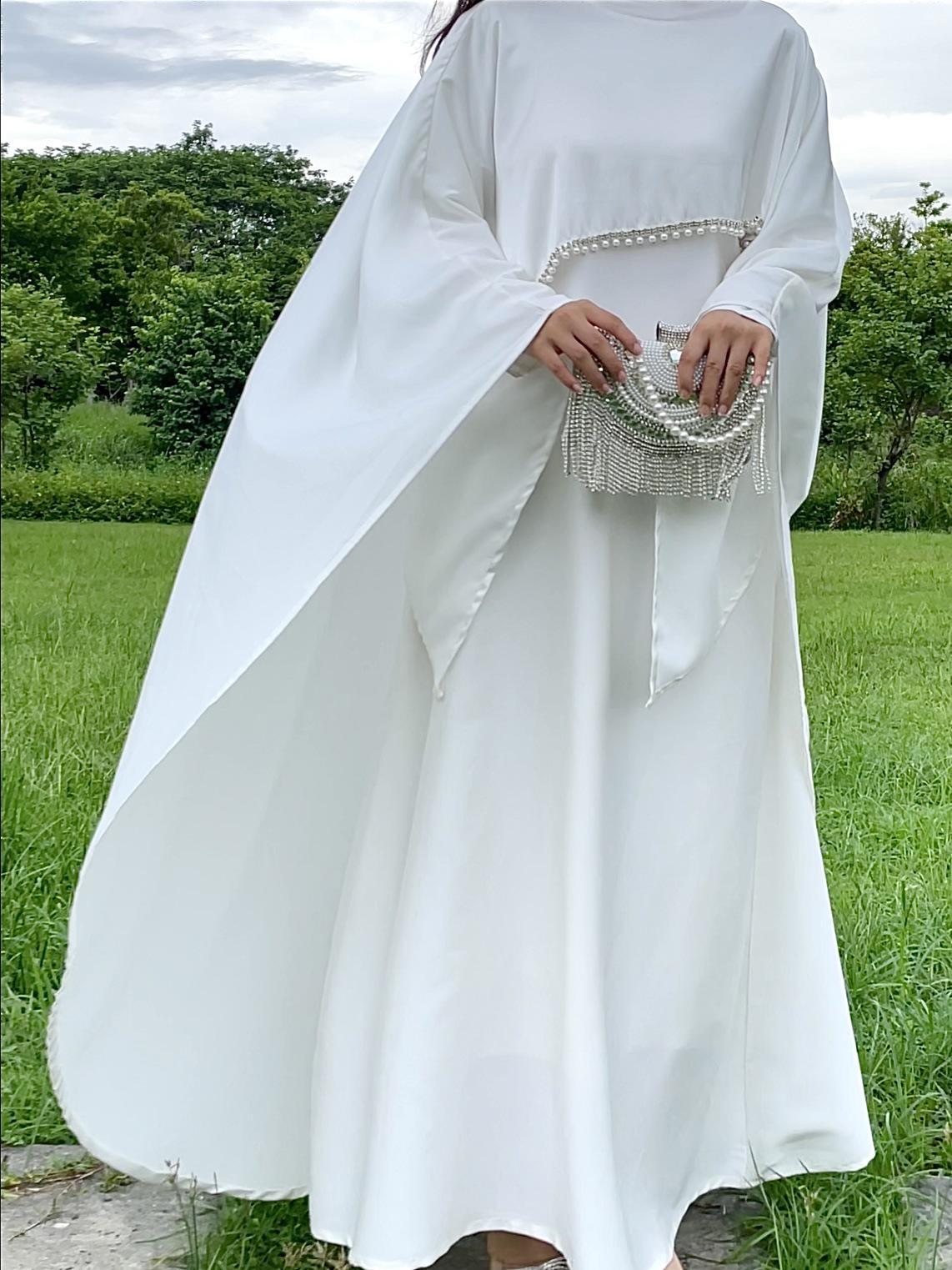 Luxury Satin Cape Abaya Dress for Women, Modest Evening Gown for Eid, Wedding and Party