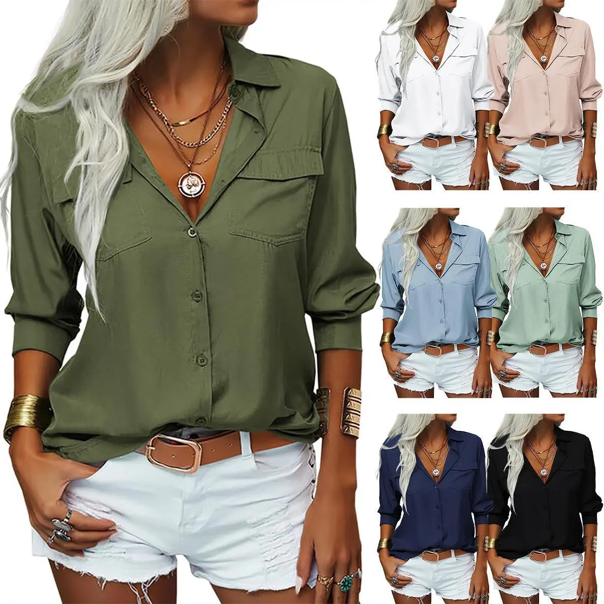 Imily Bela Women's Basic Solid Lapel Long-Sleeve Button-Down Blouse - Lady's Casual Comfy Shirt, Breathable Business Casual Tops, Women's Clothes, Casual Breathable Elegance,back to school,back to school shopping