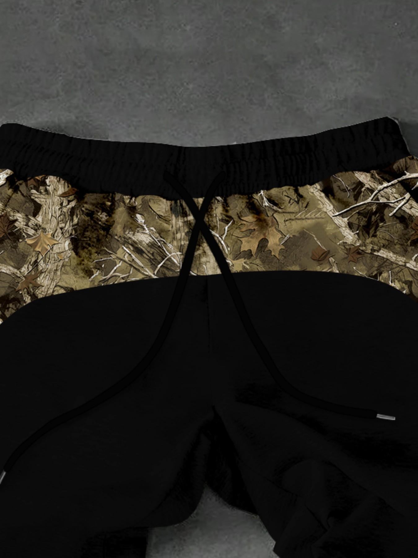 Men Wilderness Realtree Leaf Camo, Camouflage Curved Side Panel Splicing Printed Wide Leg Sweatpants Adjustable Drawstring Elastic High Waist Streetwear Bottoms Y2K Outdoor Hunting Hip Hop Utility Style Trousers For Forest Hiking Daily City Commute