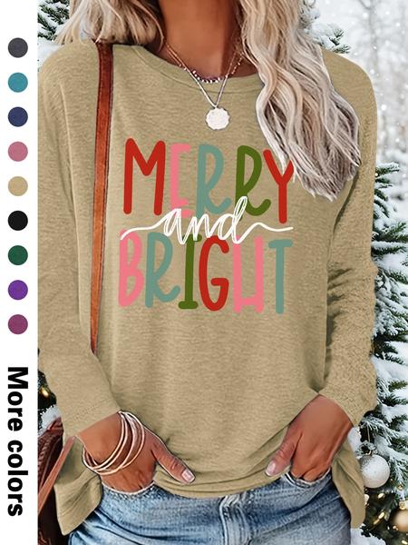 Women's Christmas Casual Letter Print Round Neck Long Sleeve T-Shirt, Comfortable Fabric, Available in 9 Colors, All Seasons Wear