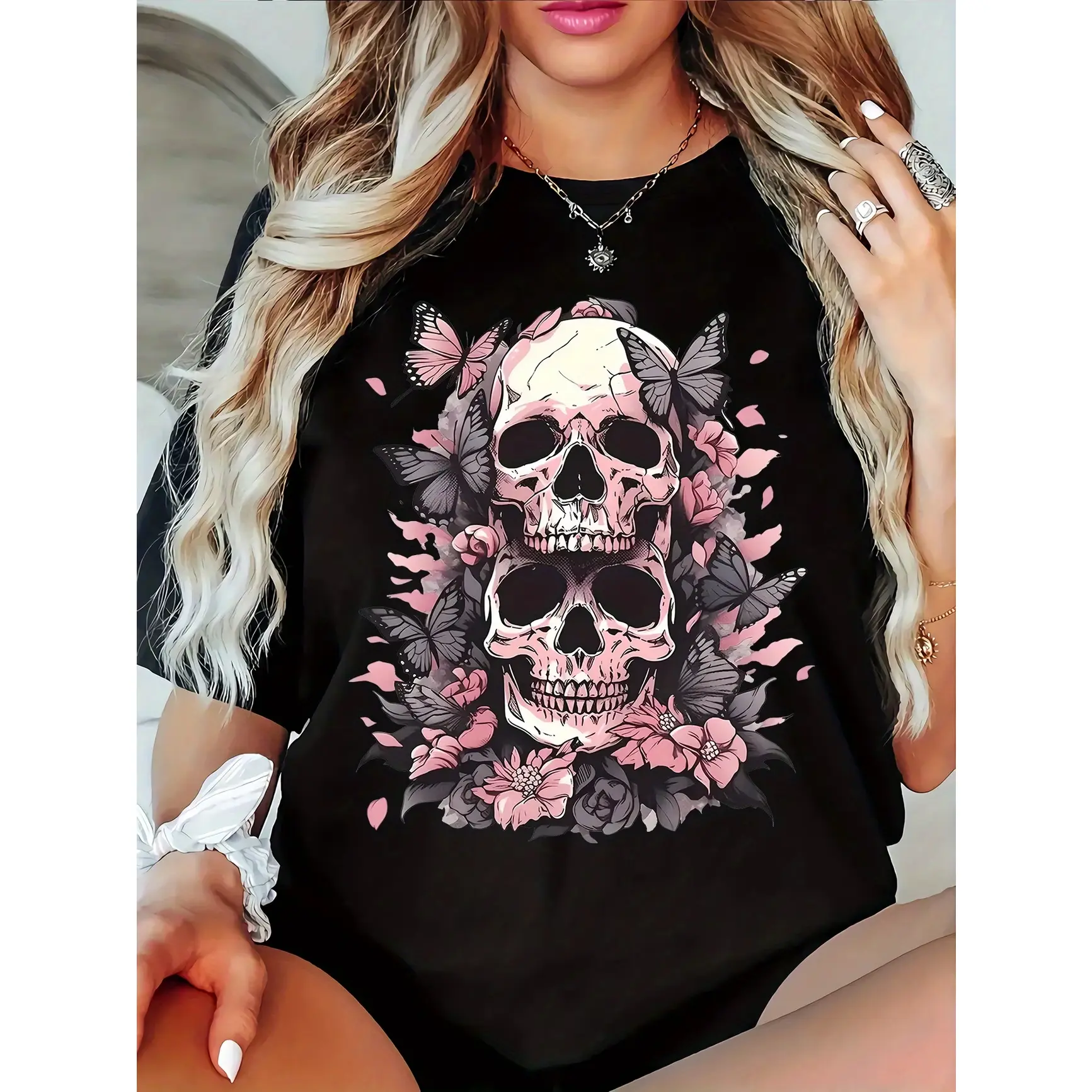 Pink Skull & Butterfly Gothic Graphic Tee – Double Pink Skulls Surrounded By Butterflies & Cherry Blossoms, Pastel Goth Romantic Print, 100% Cotton Non-Washed Shirt, SummerVibes Ideal Gift For Gothic & Tattoo Culture Fans, Best Festival & Halloween Outfit