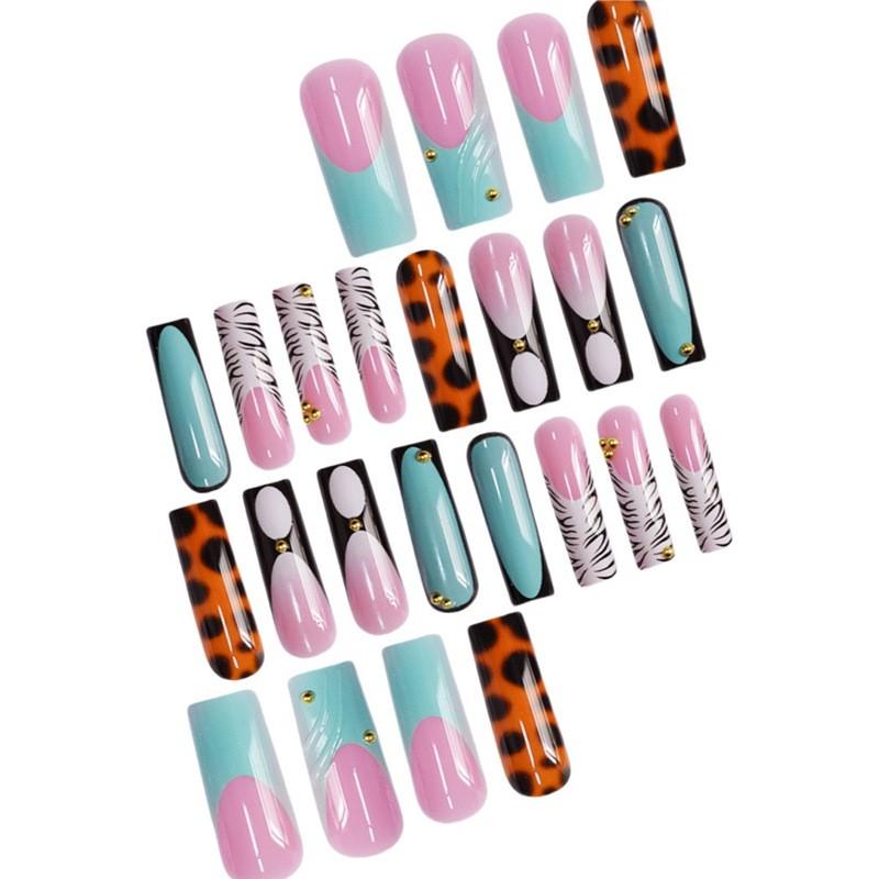 24pcs 3D Mixed Pattern Square Nails, Zebra Leopard Lake Blue Design with Gold Beads, Glossy Reusable False Nails, Y2K Style, Party & Daily Wear