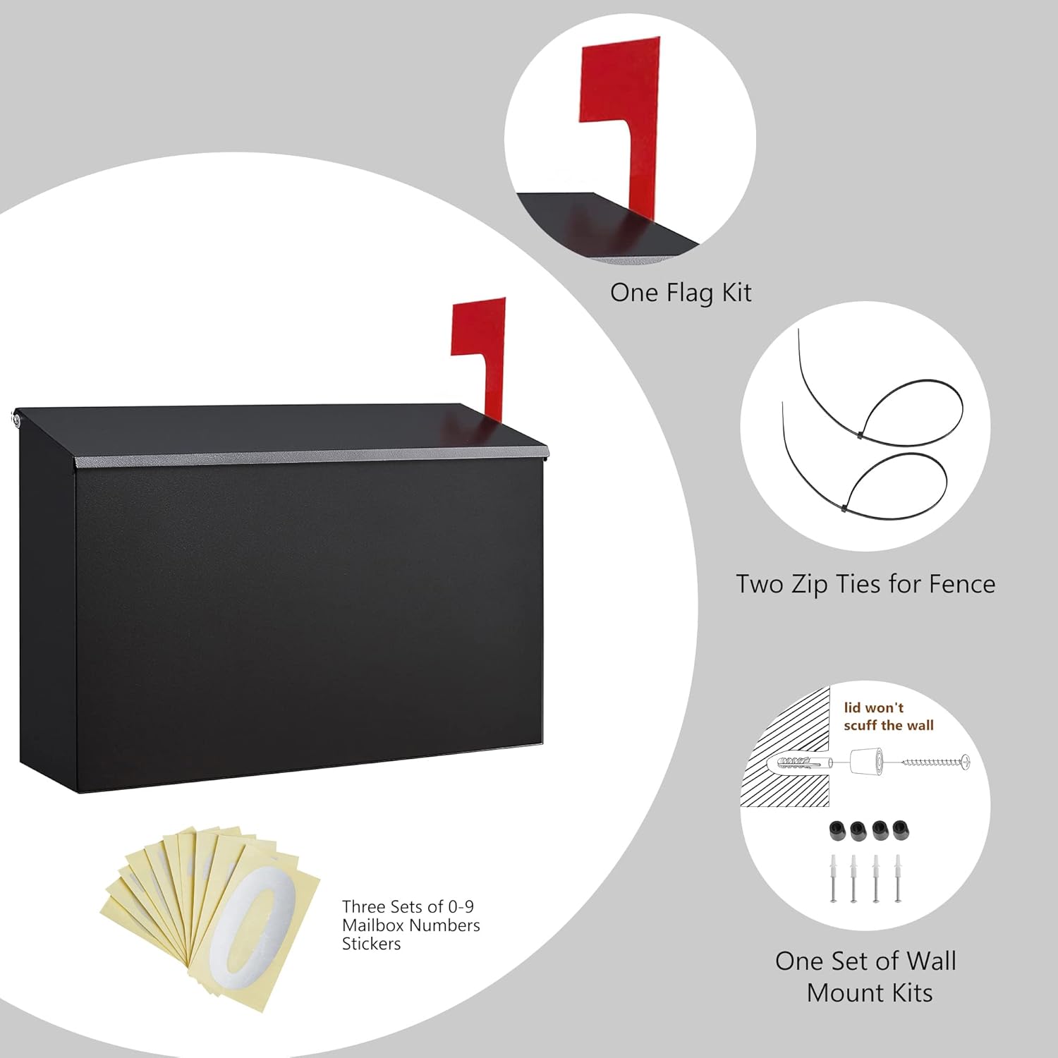 Wall-Mount Mailbox with  Flag Kit and Three Sets of 0-9 Mailbox Number Stickers, Mailboxes for Outside, Galvanized Steel Rust-Proof Metal  Box, 4.33" Dx14.2 Wx10.43 H, Black