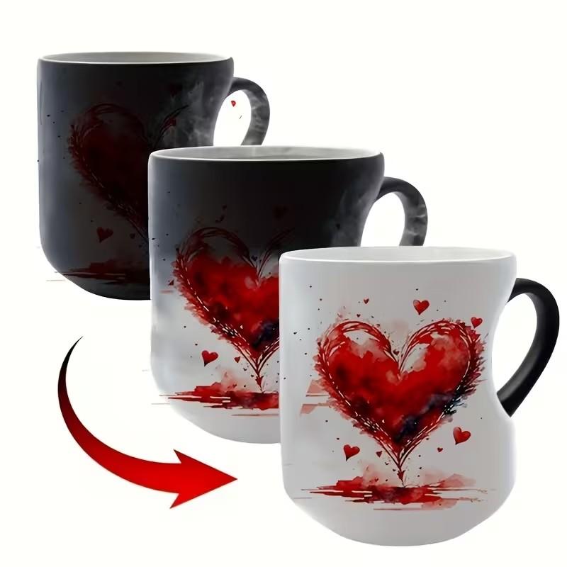 1pc 11oz 325ml Magic Color-Changing Mug - Ceramic Coffee Mug - Thermosensitive Ceramic Cup Changes Color When Hot Drinks Are Added (-Activated), White with Red Hearts Design, Hand Wash Only, Reusable Gift for, Tea, Cocoa