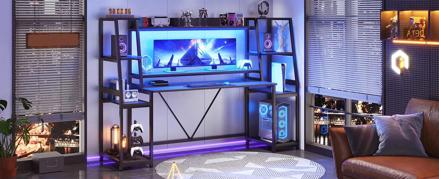 Sikaic 78.8 Inches Large PC Gamer Ergonomic Gaming Desk With LED Lights Hutch Furniture Shelves Table Modern FathersDayGift Dual Monitor Riser Dual Monitor Stand
