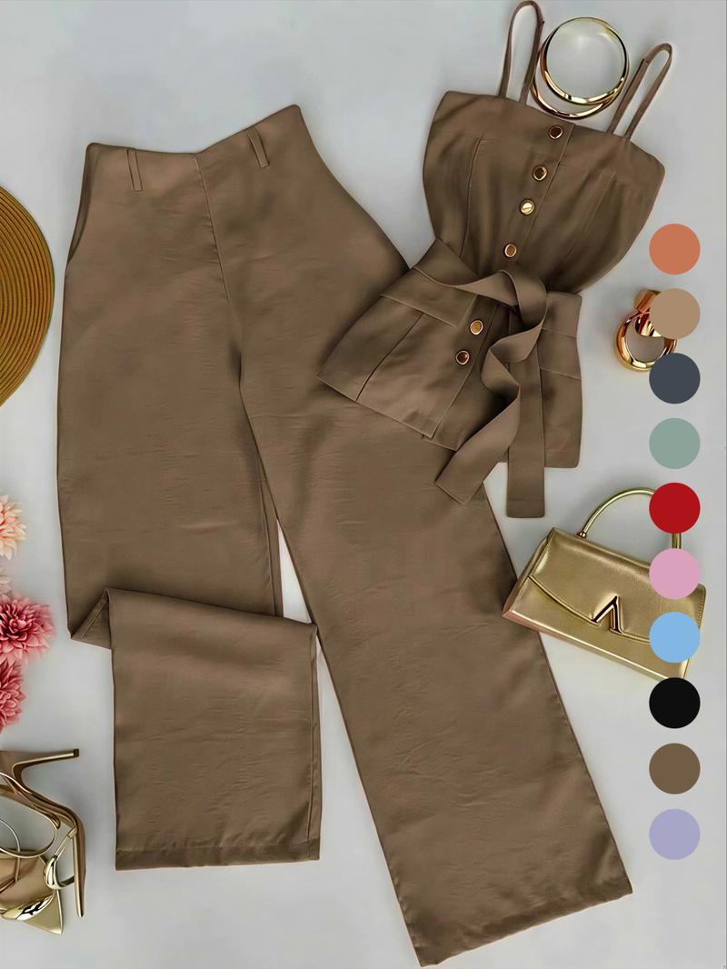 New Women's Solid Color Strappy Top & Long Pants Two-Piece Set, Versatile Casual Wear, Comfortable and Stylish, Perfect for Daily Use