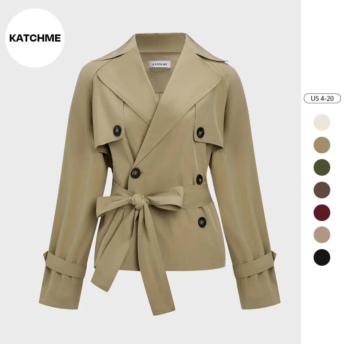 KatchMe Women's Commuter Notch Lapel Double Breasted Detachable Belt Trench Coat, Fall & Winter Plain Wrap Tie Waist Outerwear Jacket, Casual Trench Coat