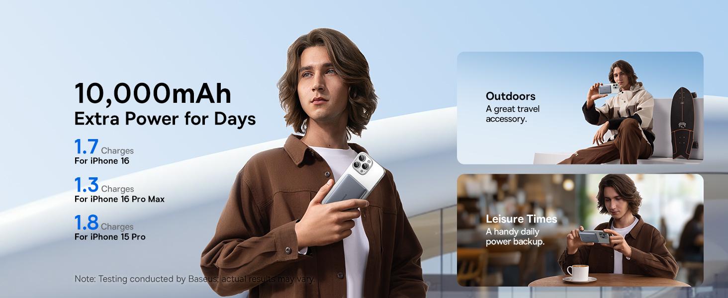 Baseus Picogo Magsafe Portable Charger, 0.5" Ultra Slim Qi2 Certified 15W Wireless Power Bank, 10000mAh 27W Fast Charging Magnetic Battery Pack with USB-C Cable for iPhone 16/15/14/13/12 Series Only
