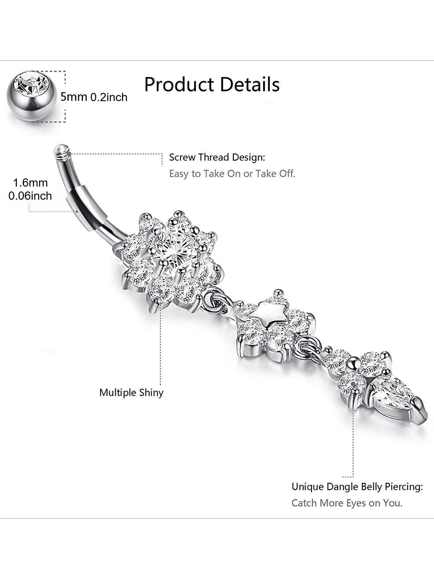 6 Pcs Golden Sparkling Belly Button Ring Set for Women Men Hypoallergenic Stainless Steel Reverse Navel Piercings with CZ Dangle Design Perfect for Summer Beach Rave Daily Wear