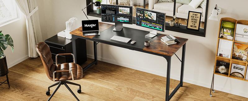 Huuger Computer Desk, Office Desk, Gaming Desk with Storage, Writing Desk Work Desk for Home Office, Study, Modern Simple Desk, Large Legroom, Metal Frame