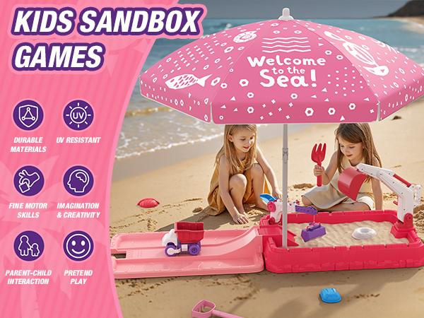 Beach Sandbox with Lid, Indoor Outdoor Kids Sand Pit Digger Excavator Sand Box Construction Toys/Umbrella/Beach Toys for Toddler 3-5, Summer Toys,Boys Girls Christmas Halloween Thanksgiving Gifts