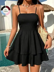 Women's Summer Daily French Vacation Style Square Neck Tie Back Mini Cami Dress Home Work Outdoor City Regular Trend Casual Elegant Youth Simple Versatile Texture Temperament Literary Art