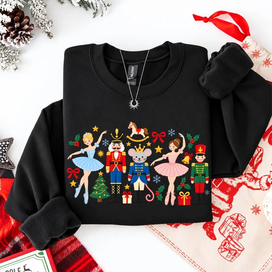Women’s Christmas Ballerina and Nutcracker Soldier Graphic Sweatshirt, Crewneck Long Sleeve Pullover, Cozy Vintage Fall Top For Spooky Season, Parties, Daily Wear & Holiday Gifts