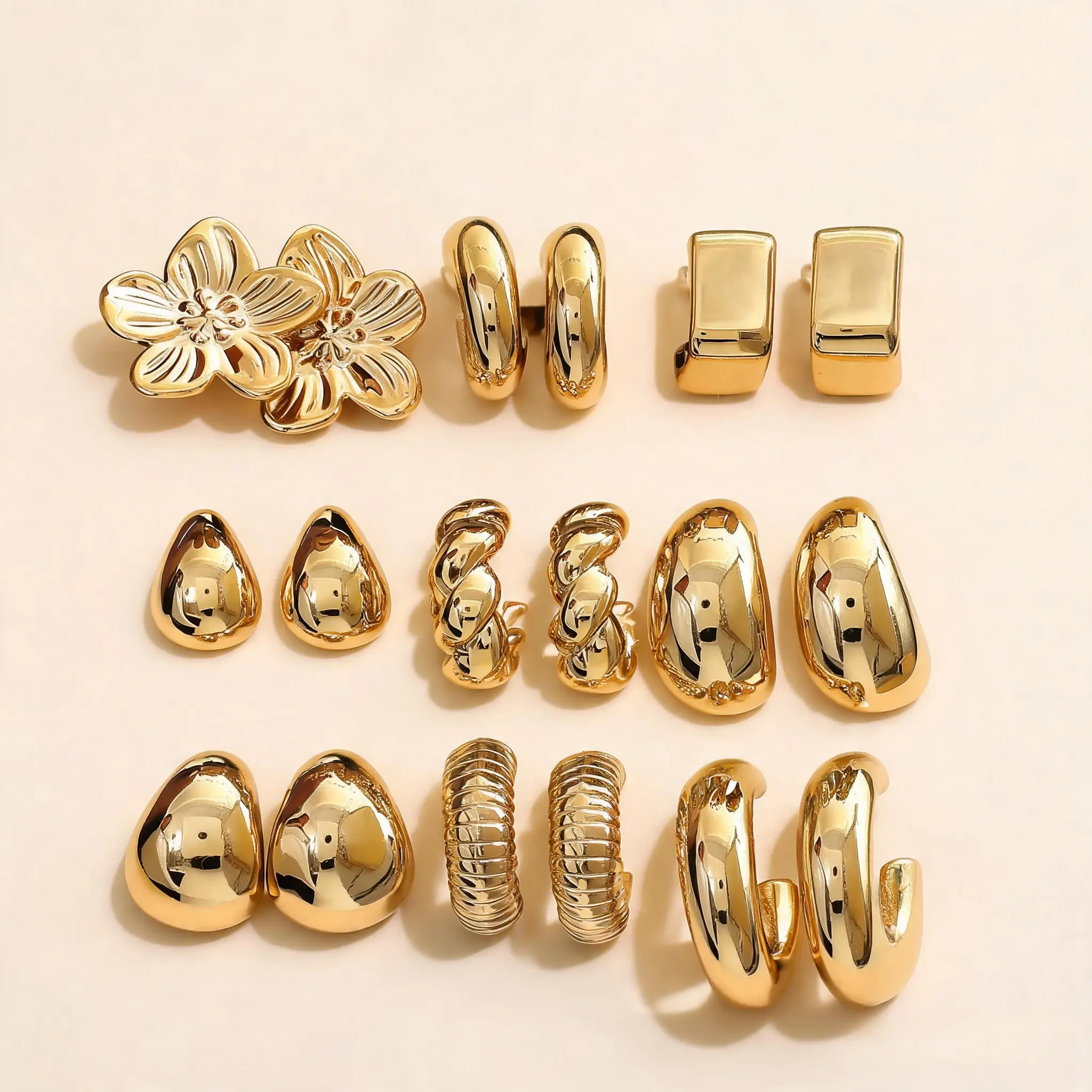 Women's Gold Aesthetic Costume Earrings Set (9-Pair) - Copper-Based, Unique Design Hoops, Flower, Geometric & Water Drop Styles, One Size, Affordable Fashion Jewelry for Daily Outfits & All Seasons