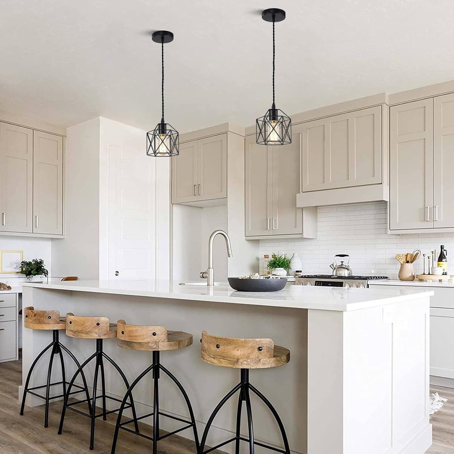 Industrial Mini Metal Cage Pendant Light, Adjustable Wire, Vintage Farmhouse Basket Ceiling Lamp, Kitchen Sink Dining Room Bar