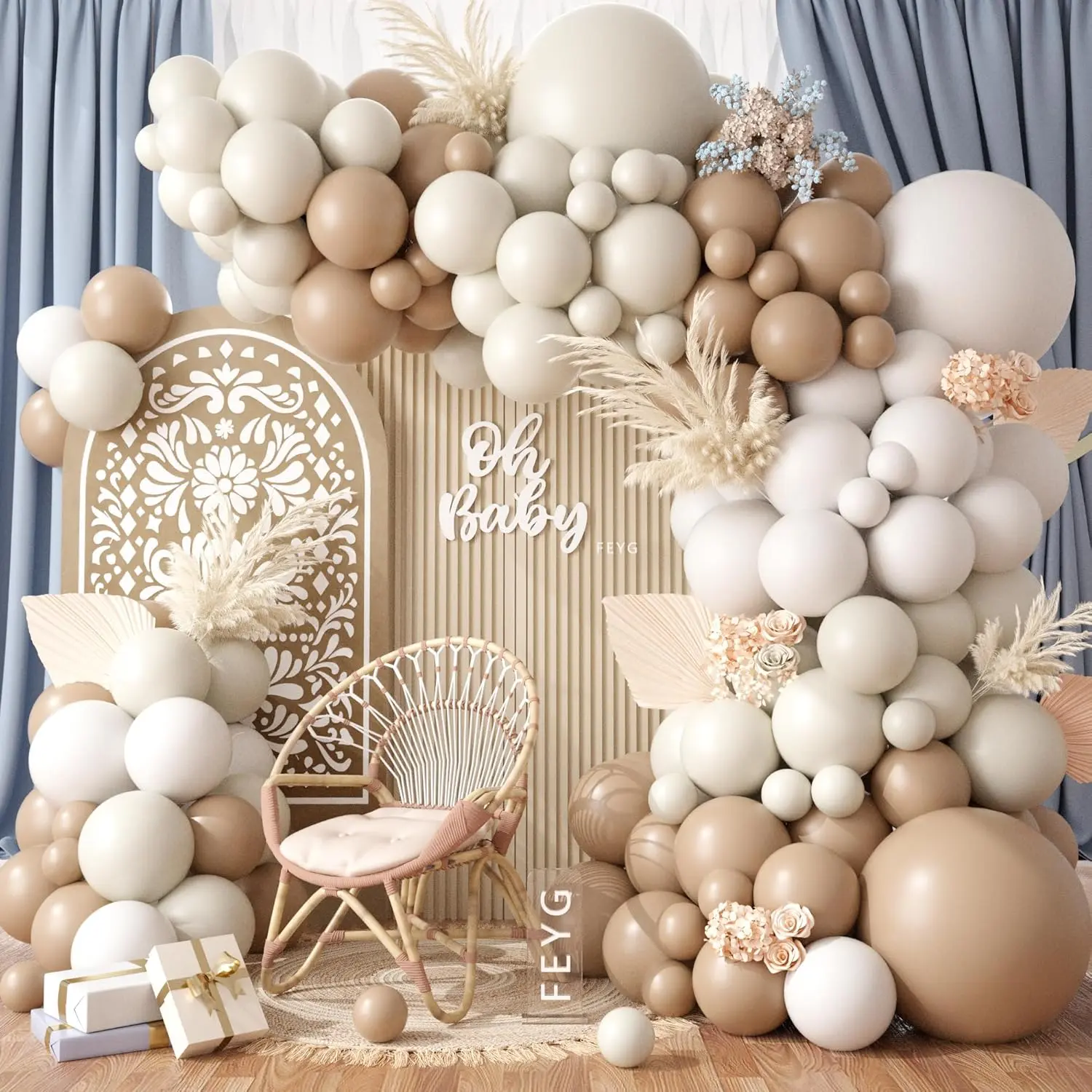 Netural Balloon Garland Arch Kit, Double Stuffed Beige Cream Tan Balloons Garland Blush White Sand Boho Balloon for Netural Shower Gender Reveal Bridal Birthday Wedding Party Decorations