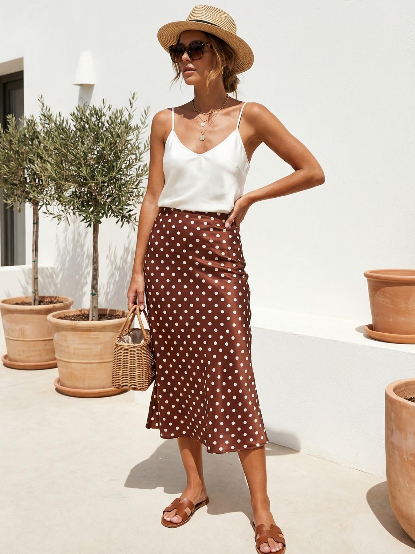 Women's 2026 Summer Satin Floral Polka Dot Maxi Wide Leg High Waist Light Midi Skirt, Suitable for Everyday Travel and Summer Outings, Womenswear Women's 2026 Summer Satin Floral Polka Dot Maxi Wide Leg High Waist Light Midi Skirt, Suitable for Everyday Travel and Summer Outings, Womenswear