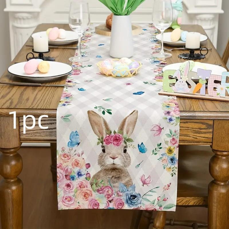 Easter Rabbit Table Runner with Floral Check Pattern, Spring Holiday Kitchen Dining Cover, Perfect for Easter Party Decoration