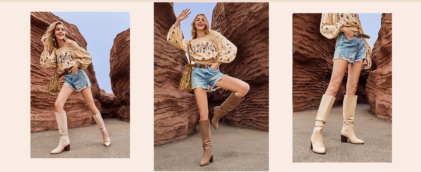 Coutgo Womens Pointed Toe Mid Chunky Heel Side Zipper Knee High Boots Tall Booties