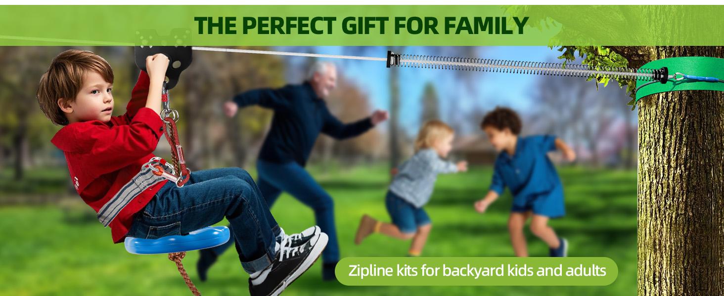60-200FT Backyard Zip Line Kit for Kids and Adult Up to 400LBS with Stainless Steel Ziplines Spring Brake and Safety Harness, Outdoor Christmas and Birthday Gifts for Kids