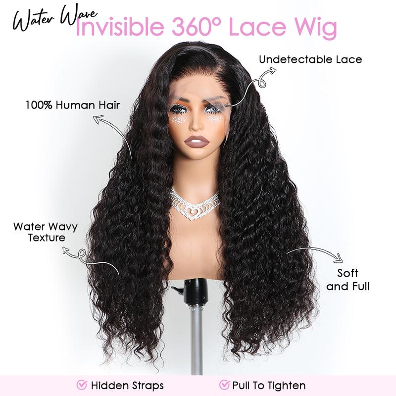 Pizazz Hair Hidden Strap 360 Lace Front Wigs Human Hair Pre Plucked Pre Bleached Knots 220 Density Water Wave HD Lace Frontal Wig with Drawstring Curly Full Lace Front Wigs for Women