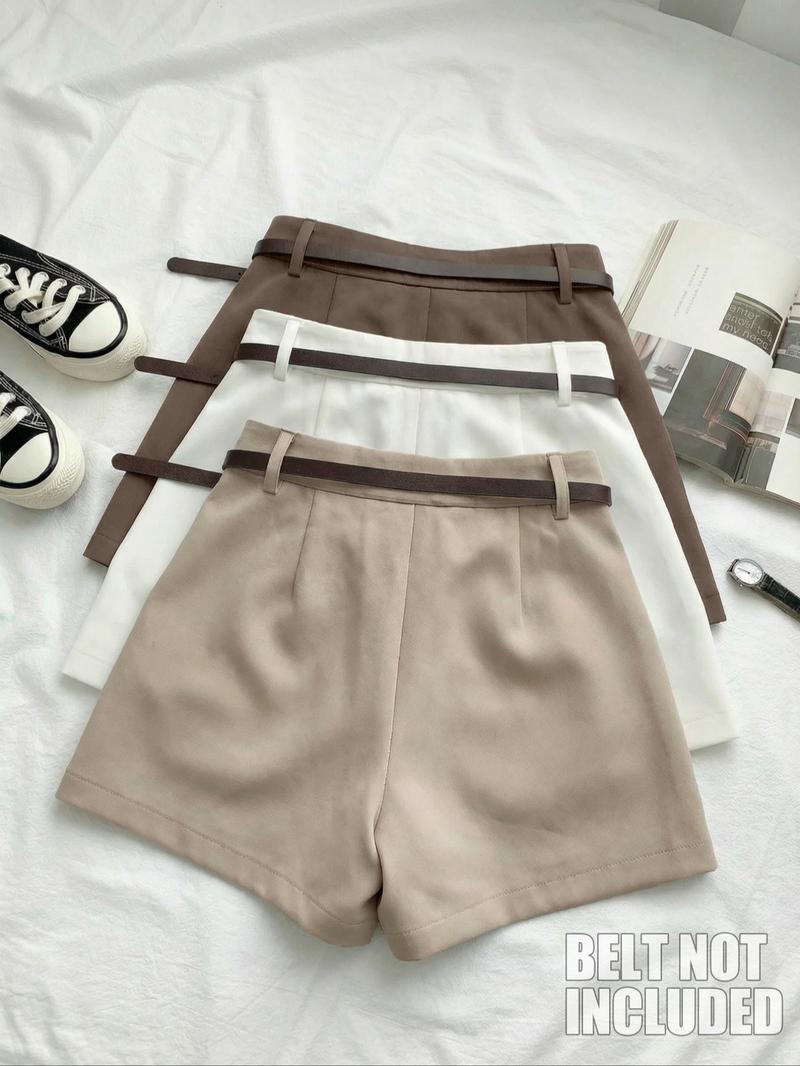 Women's Fashion High-Waisted Comfortable Shorts Set, Pure Color Casual Wear, Home & Outerwear, 3-Piece Suit (no Belt Included)